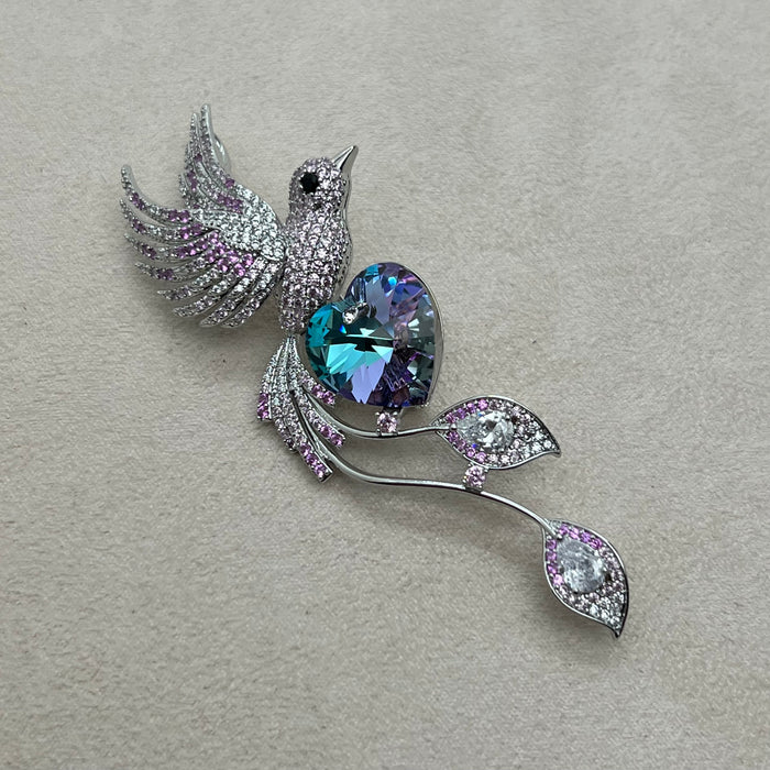 Swarovski Crystal Hummingbird Brooch – Aurora Borealis Heart Luxury Pin