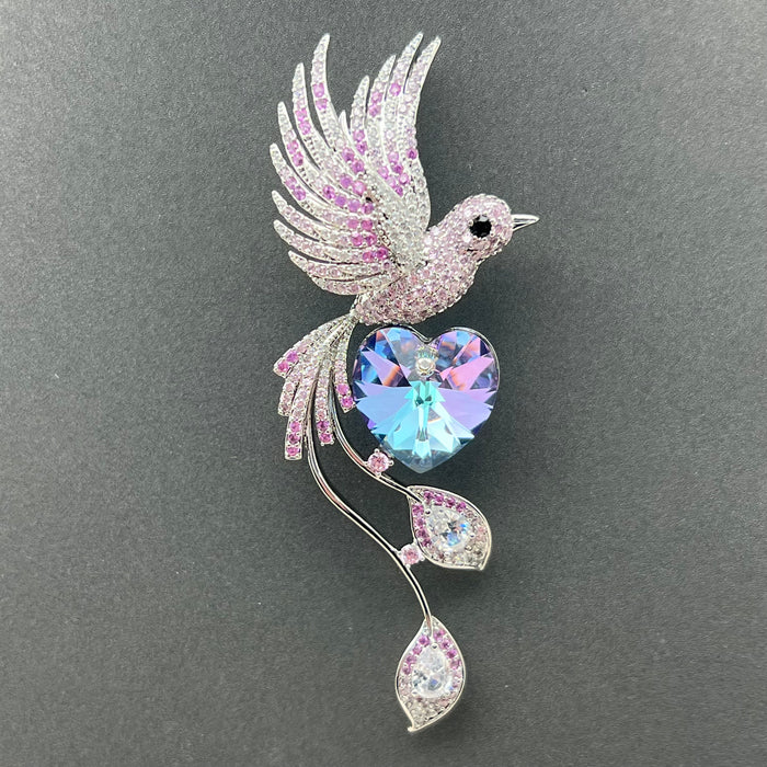Swarovski Crystal Hummingbird Brooch – Aurora Borealis Heart Luxury Pin