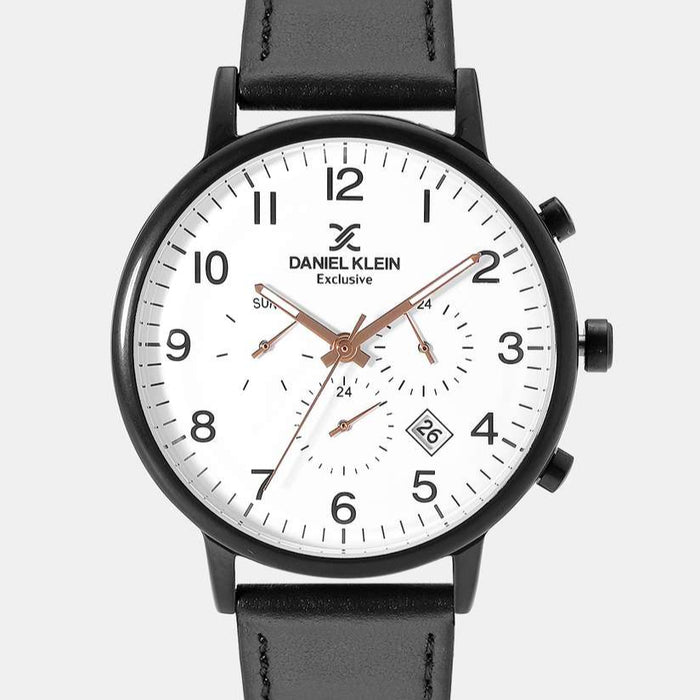 Daniel Klein Exclusive White Dial Black Leather Strap Watch - DK11998-6