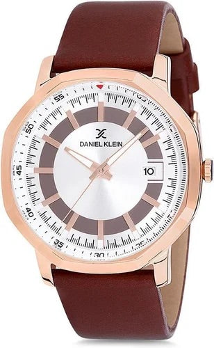 Daniel Klein Exclusive Rose Gold Case Silver Dial Brown Leather Strap Watch - DK12140-5
