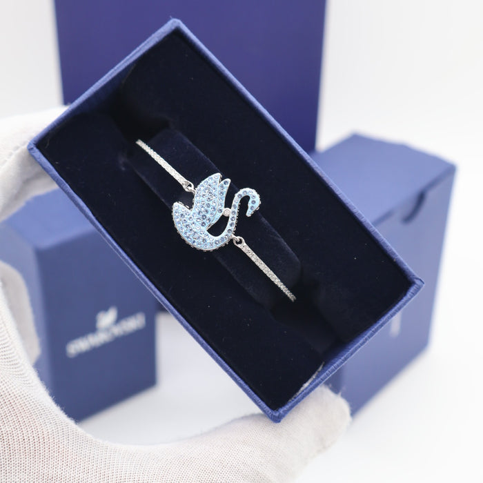 Swarovski Swan Bracelet with Light Blue Crystals – Adjustable Silver-Tone - 5649772