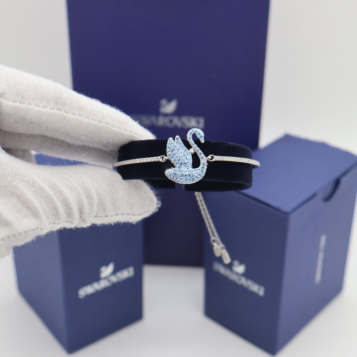 Swarovski Swan Bracelet with Light Blue Crystals – Adjustable Silver-Tone - 5649772