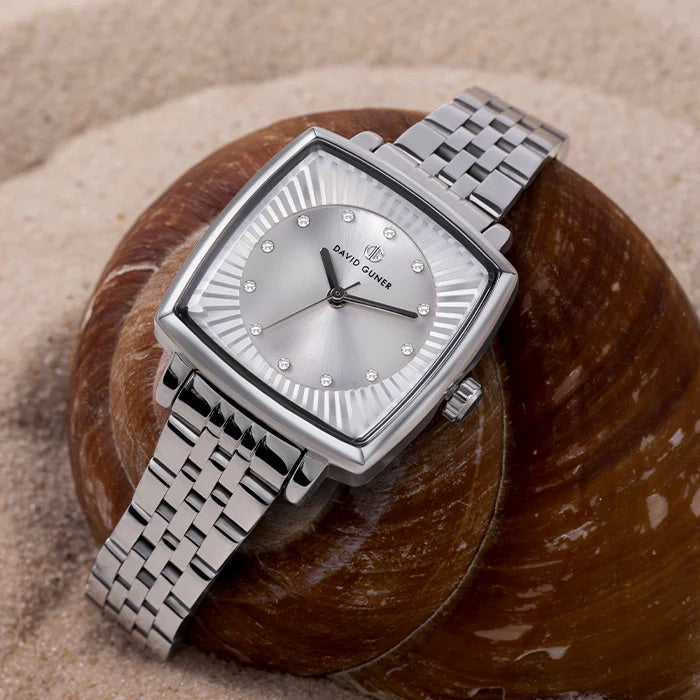David Guner Women’s Silver Square Watch with Crystal Markers - DG-8677LA-A1