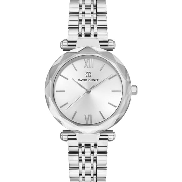 David Guner Women’s Silver Stainless Steel Watch with Faceted Crystal Bezel - DG-8183LA-A1