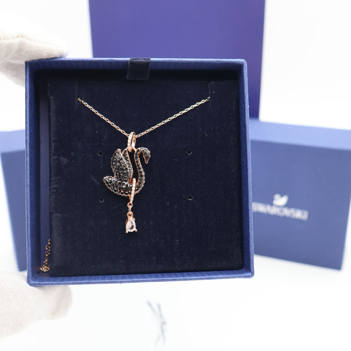 Swarovski Black Swan Pendant Necklace – Rose Gold Tone with Crystal Accents -