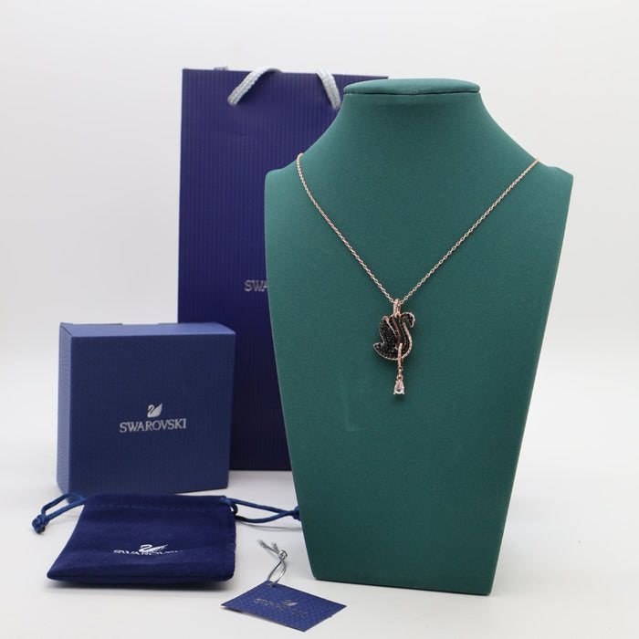 Swarovski Black Swan Pendant Necklace – Rose Gold Tone with Crystal Accents -