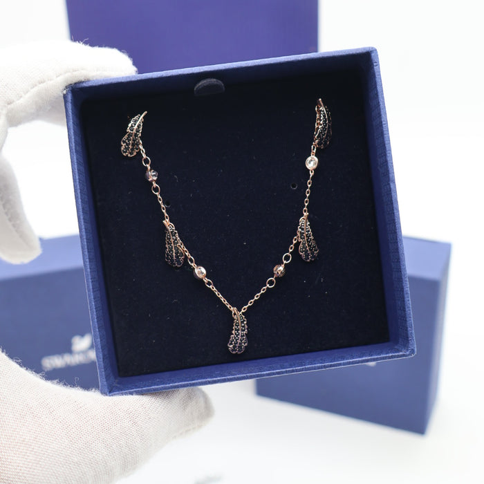 Swarovski Black Crystal Feather Drop Necklace in Rose Gold Tone - 5497874