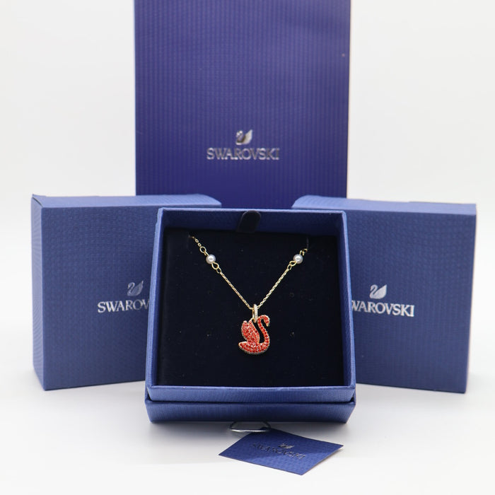 Swarovski Red Swan Pendant Necklace – Gold-Tone & Pearl Accents