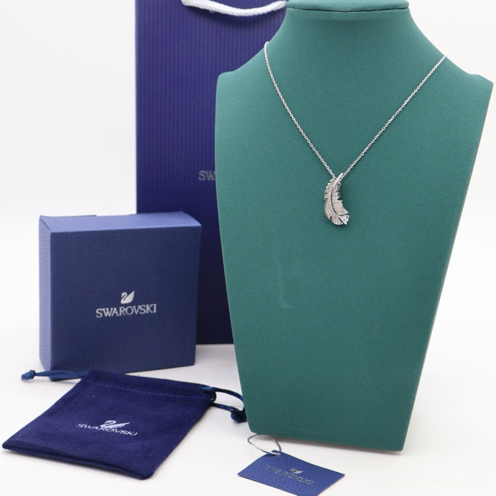 Swarovski Feather Pendant Necklace – Rhodium Plated with Crystal Accents - 5493397