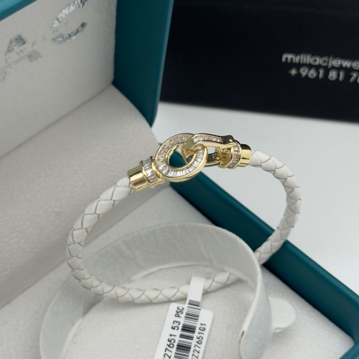 White Leather Gold Serpent Bangle