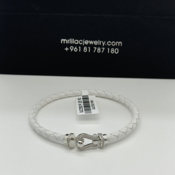 White Leather Bangle - Silver Finish