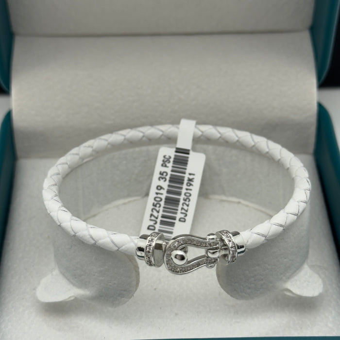 White Leather Bangle - Silver Finish