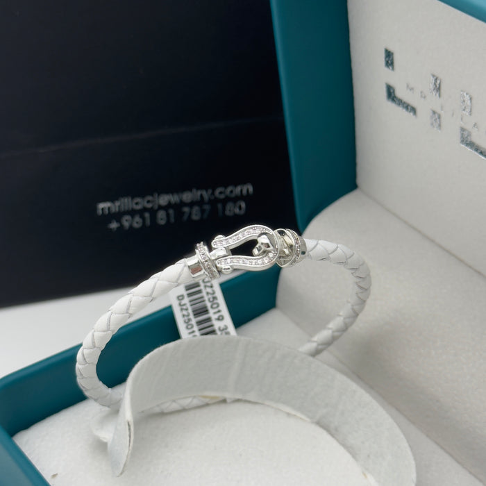 White Leather Bangle - Silver Finish
