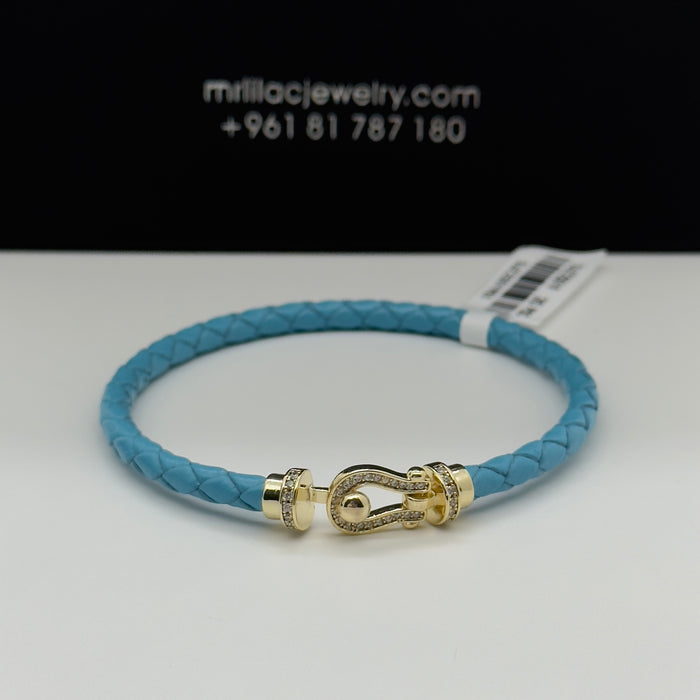 Blue Leather Bangle - Gold Finish