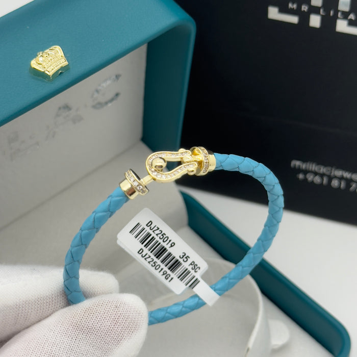 Blue Leather Bangle - Gold Finish