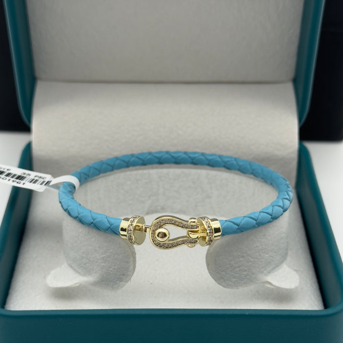 Blue Leather Bangle - Gold Finish
