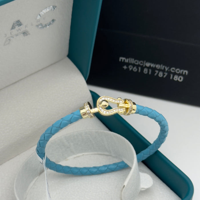 Blue Leather Bangle - Gold Finish