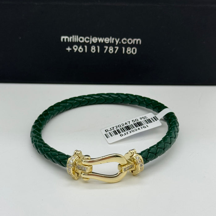Green Leather Gold Finish Bangle