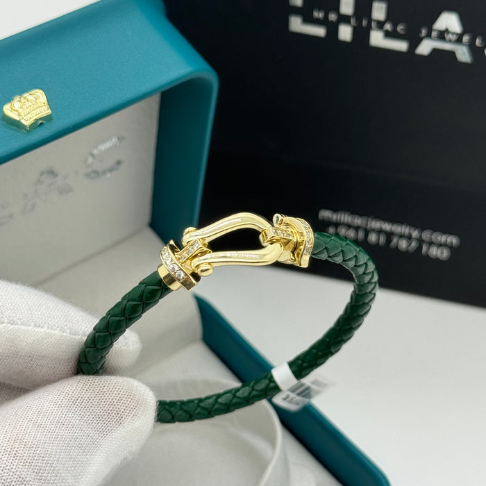 Green Leather Gold Finish Bangle
