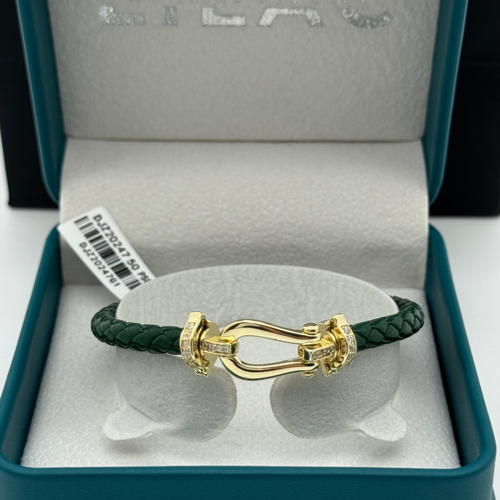 Green Leather Gold Finish Bangle
