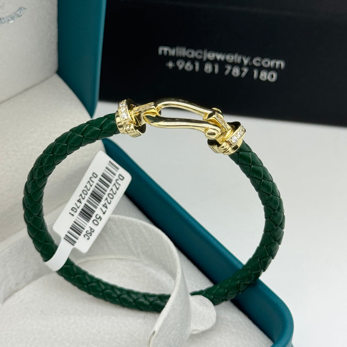 Green Leather Gold Finish Bangle