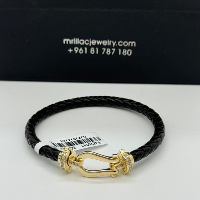 Black Leather Gold Finish Bangle