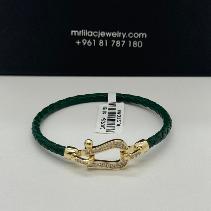 Green leather Gold Stress Bangle