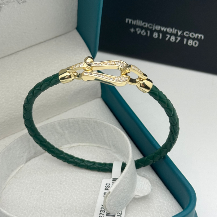 Green leather Gold Stress Bangle
