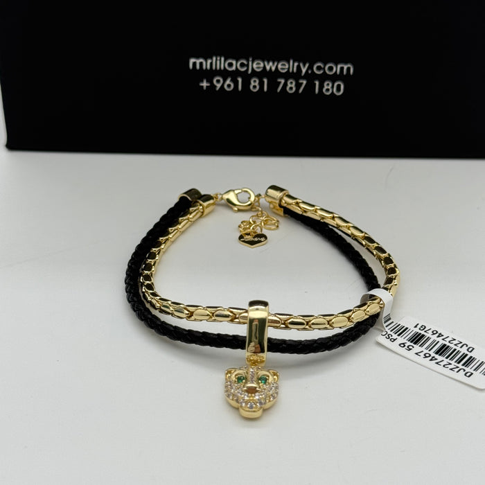 Black Leather matching Gold Steel Bangle