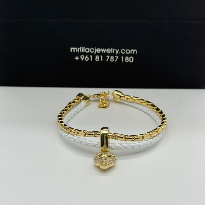 White Leather matching Gold Steel Bangle
