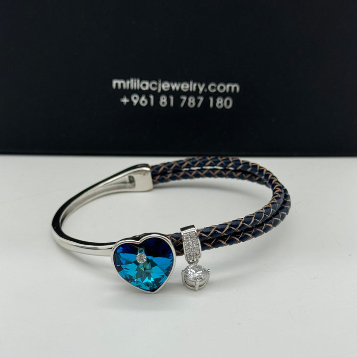 Stainless Steel Half Leather Blue Crystal By Swarovski Crystal