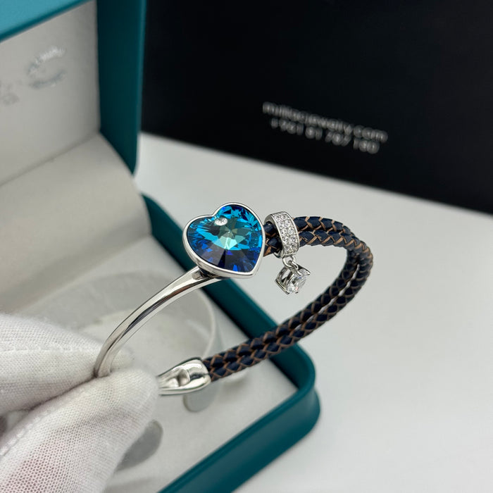 Stainless Steel Half Leather Blue Crystal By Swarovski Crystal