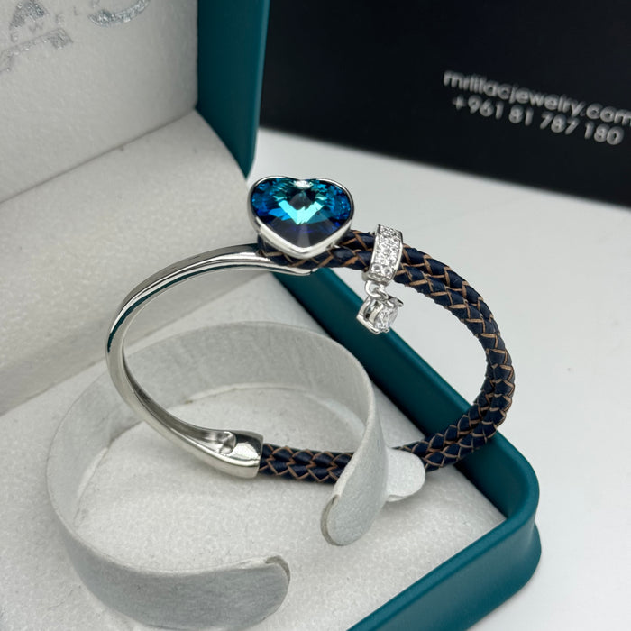 Stainless Steel Half Leather Blue Crystal By Swarovski Crystal