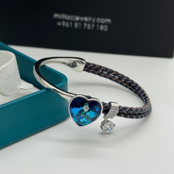 Stainless Steel Half Leather Blue Crystal By Swarovski Crystal