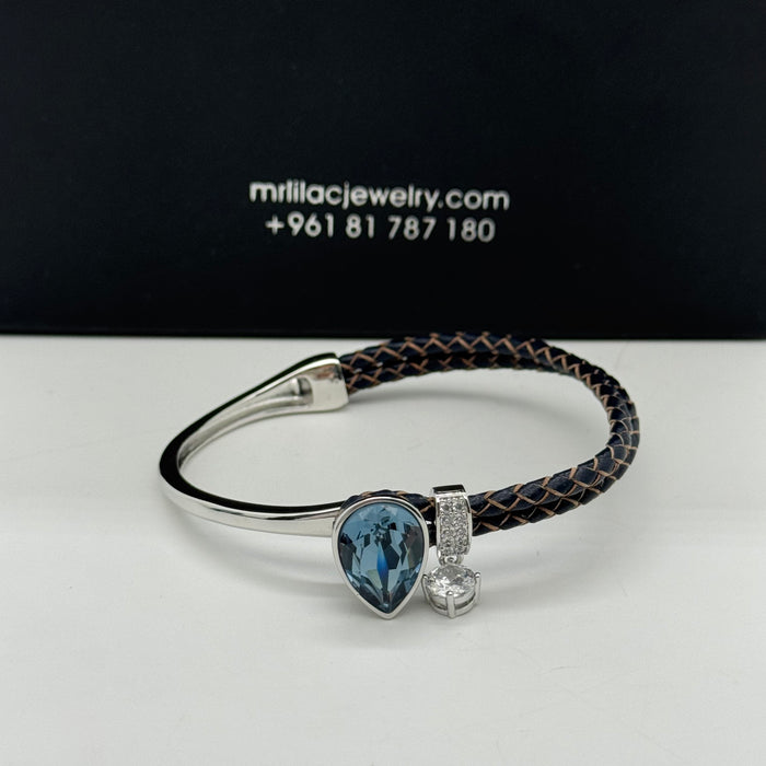 Stainless Steel Half Leather Blue Crystal By Swarovski Crystal