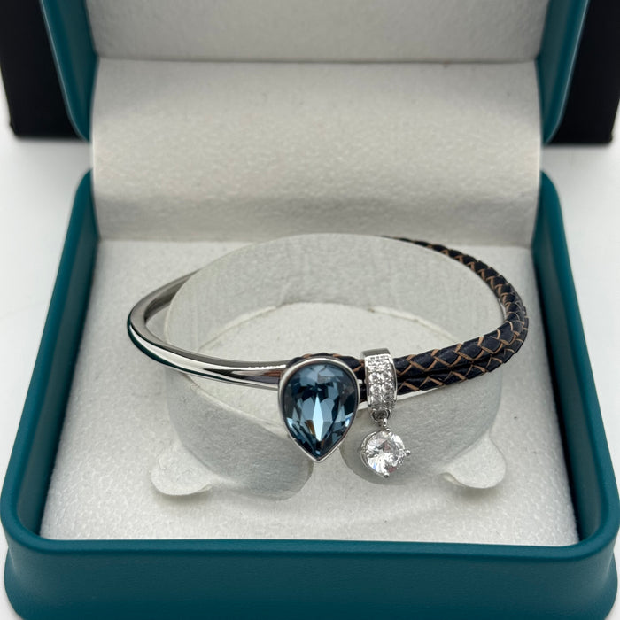 Stainless Steel Half Leather Blue Crystal By Swarovski Crystal
