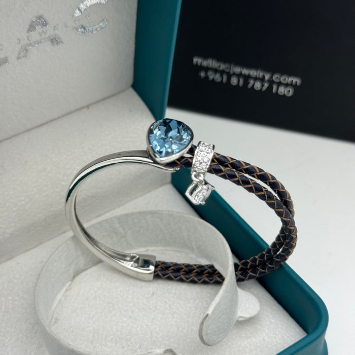 Stainless Steel Half Leather Blue Crystal By Swarovski Crystal