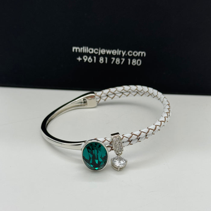 Stainless Steel Half White Leather Green Crystal Bracelet For Women