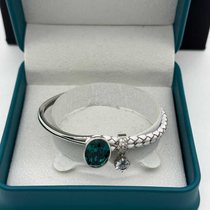 Stainless Steel Half White Leather Green Crystal Bracelet For Women