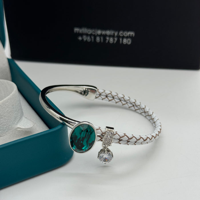 Stainless Steel Half White Leather Green Crystal Bracelet For Women