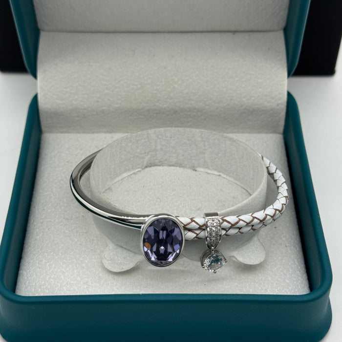 Stainless Steel Half Leather Purple Crystal Bracelet For Women