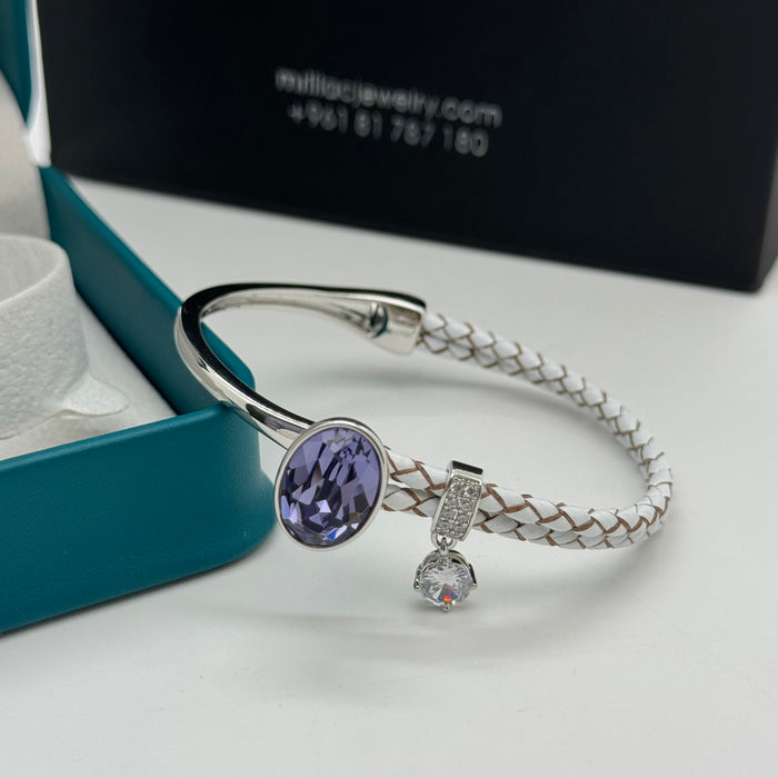Stainless Steel Half Leather Purple Crystal Bracelet For Women