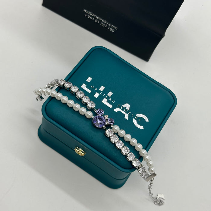 Swarovski Pearl & Violet Crystal Charm Bracelet – Dual-Strand Elegance