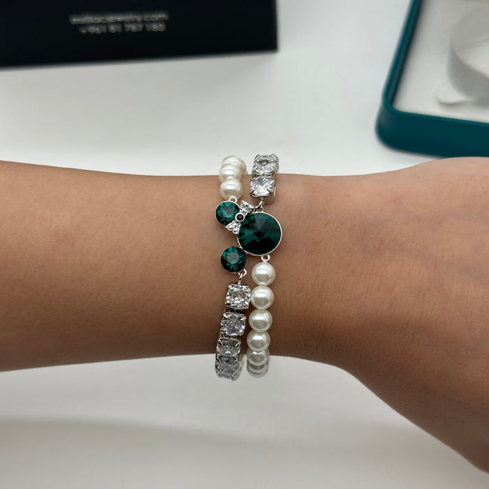 Swarovski Pearl & Violet Crystal Charm Bracelet – Dual-Strand Elegance