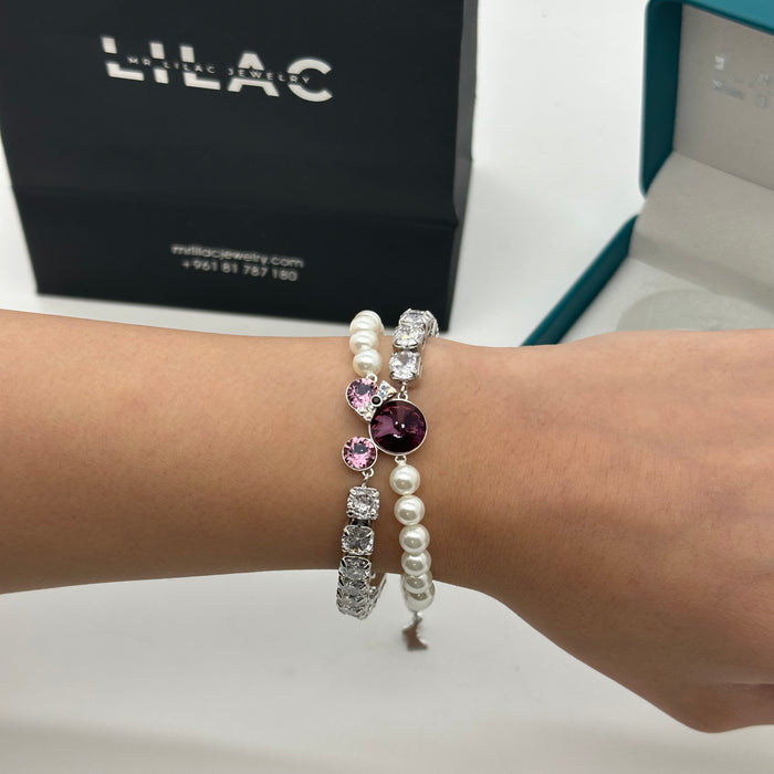 Swarovski Pearl & Violet Crystal Charm Bracelet – Dual-Strand Elegance
