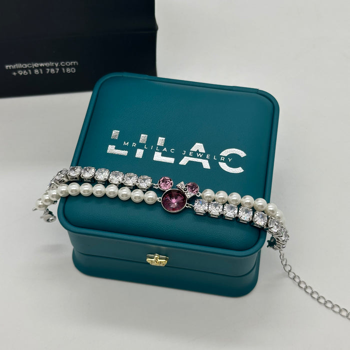 Swarovski Pearl & Violet Crystal Charm Bracelet – Dual-Strand Elegance