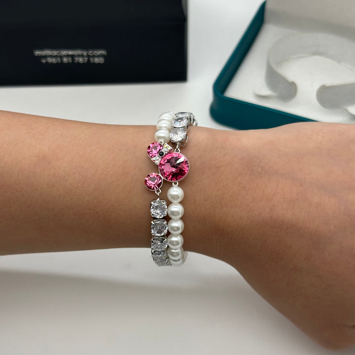 Swarovski Pearl & Violet Crystal Charm Bracelet – Dual-Strand Elegance