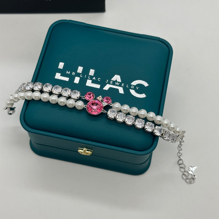 Swarovski Pearl & Violet Crystal Charm Bracelet – Dual-Strand Elegance
