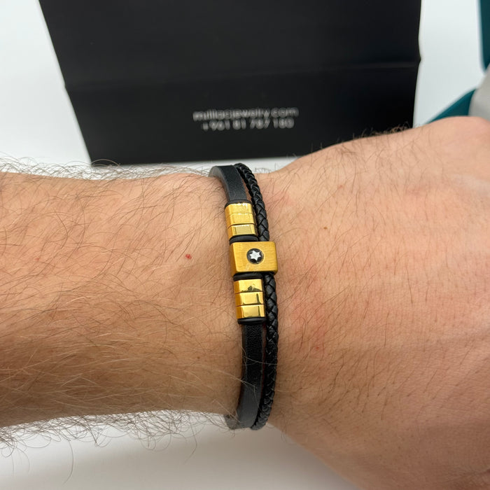 Montblanc Black Leather & Gold Accent Bracelet