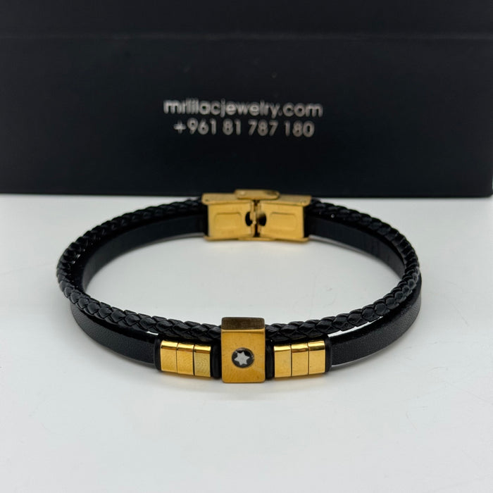 Montblanc Black Leather & Gold Accent Bracelet
